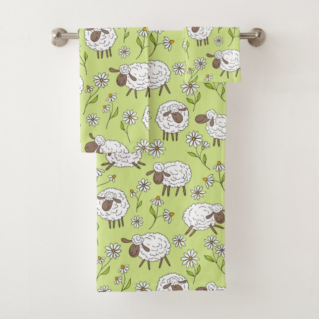 Counting sheep on honney dew green bath towel set (Insitu)