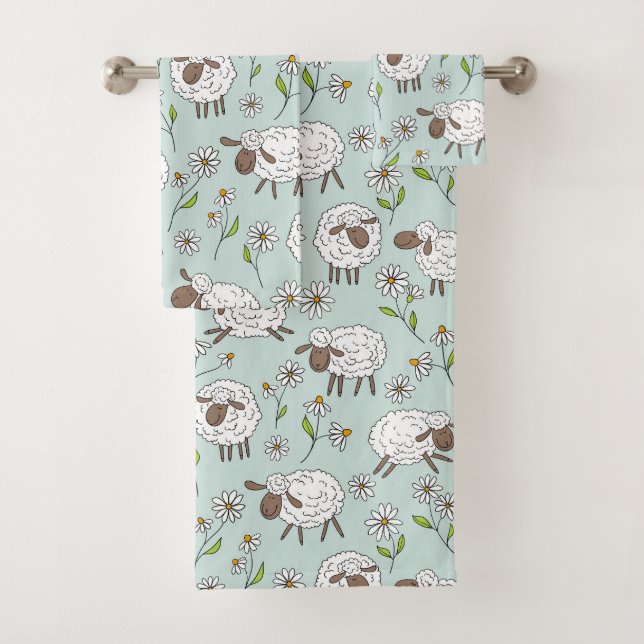 Counting sheep on sea glass blue bath towel set (Insitu)