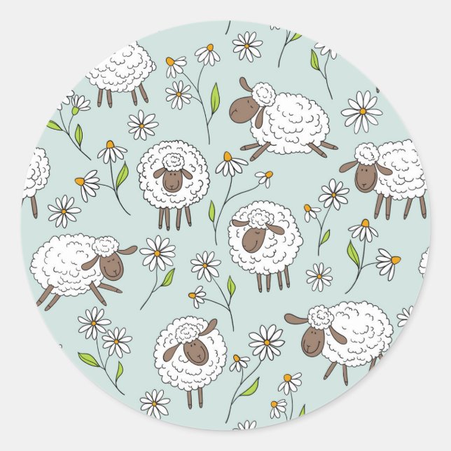 Counting sheep on sea glass blue classic round sticker (Front)