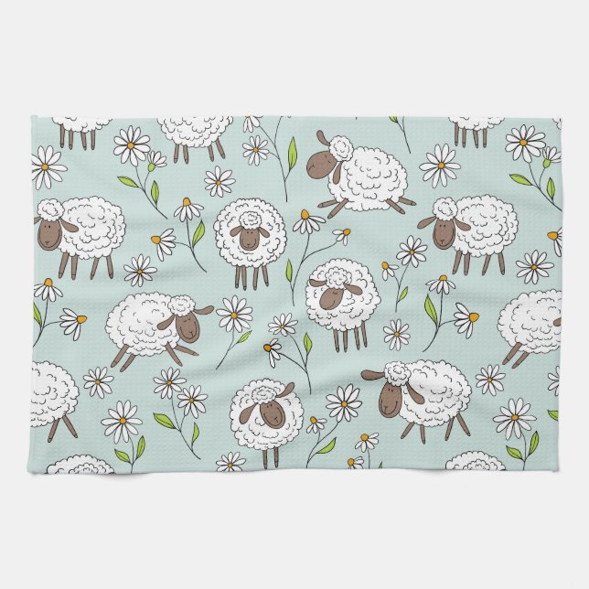 Counting sheep on sea glass blue tea towel (Horizontal)