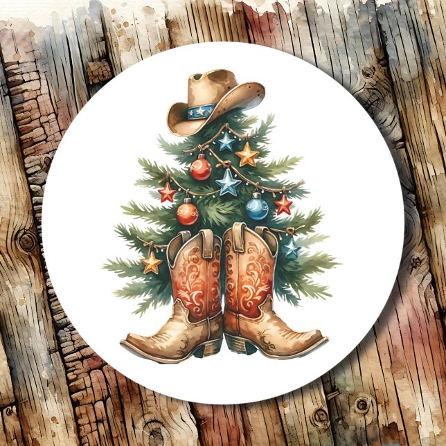 Country and Western Rustic Christmas Tree Classic Round Sticker (Creator Uploaded)