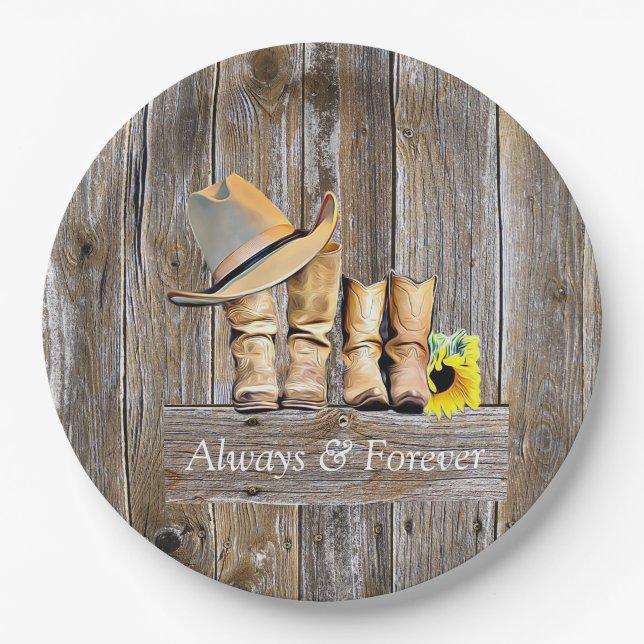 Country and Western Rustic Cowboy Boots Sunflowers Paper Plate (Front)