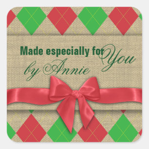 Country Argyle Burlap and Bow Square Sticker
