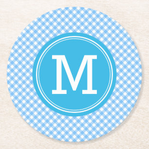 Country Baby Blue Gingham Personalise Monogram Round Paper Coaster