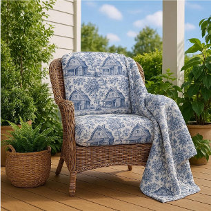 Country Barn Blue French Toile Pastoral Landscape  Fabric