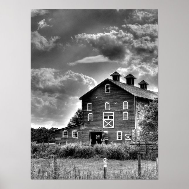Country Barn Clouds in Black and White Poster (Front)