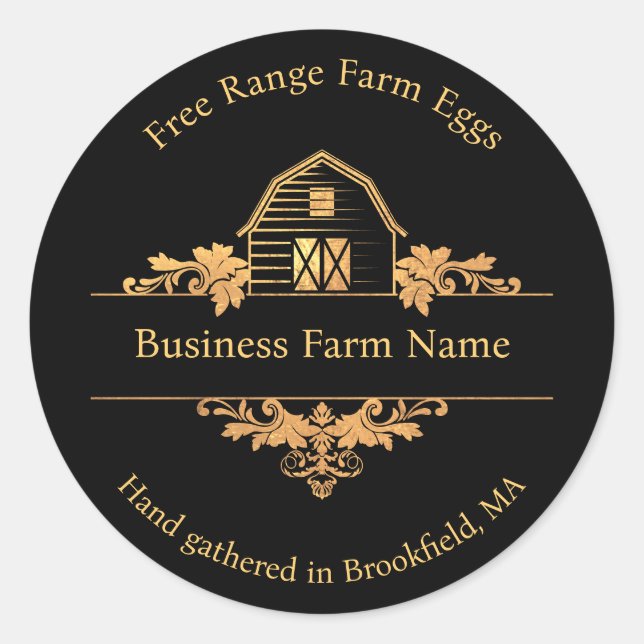 Country Barn Farmhouse Gold and Black Classic Round Sticker (Front)