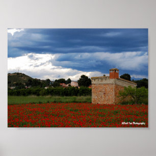 Country Barn in Poppy Field Poster