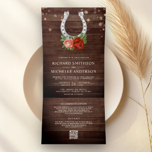 Country Barn Wood Floral Horseshoe QR Code Wedding Tri-Fold Invitation