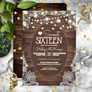 Country Barn Wood Floral & Lace Sweet 16 Party Invitation