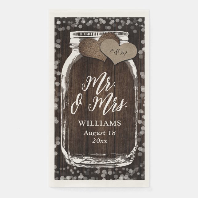 Country Barn Wood Mason Jar Mr. & Mrs. Wedding Napkin (Front)