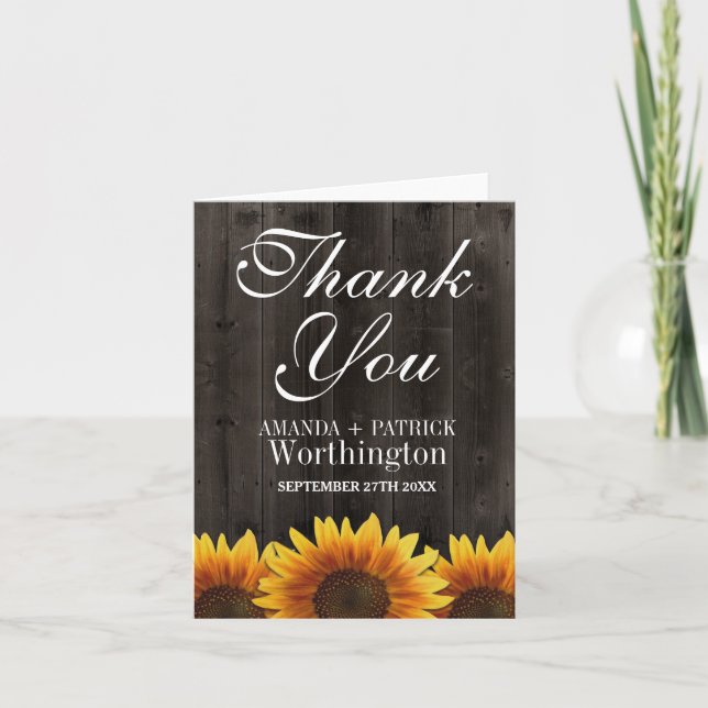 Country Barn Wood Rustic Sunflower Thank You Cards (Front)