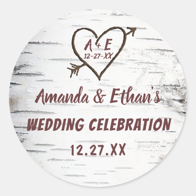 Country Birch Tree Bark Heart Arrow Rustic Wedding Classic Round Sticker (Front)