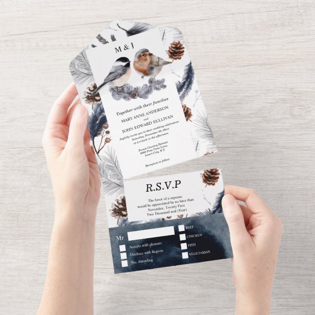 Country bird pine cone fall wedding all in one inv all in one invitation (Tearaway)