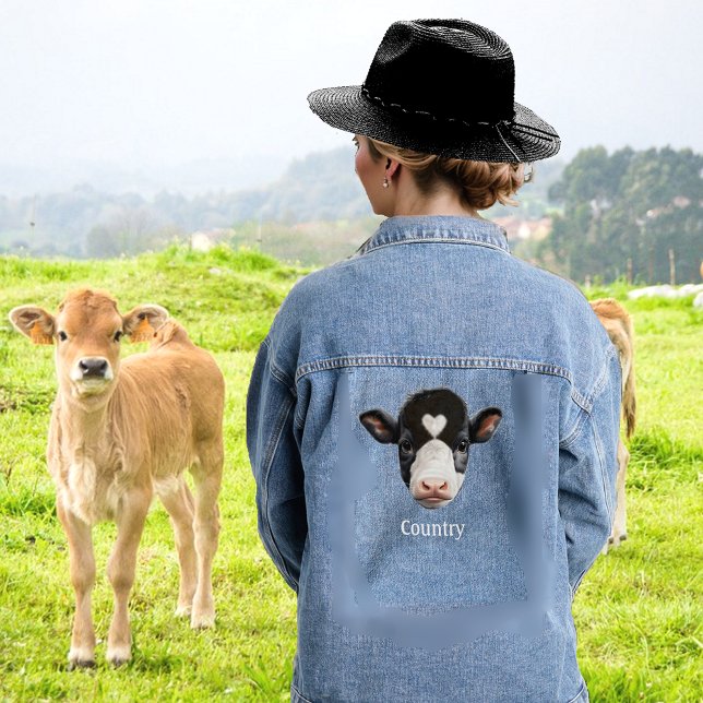 Country Black and White Cow Face Denim Jacket (Creator Uploaded)
