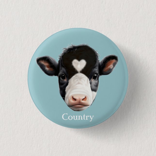 Country Black and White Cow Face on Light Blue 3 Cm Round Badge (Front)