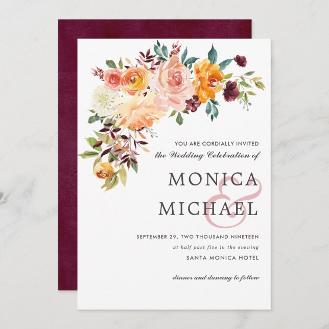 Country Bloom Burgundy Floral corner Chic Wedding Invitation (Front/Back)