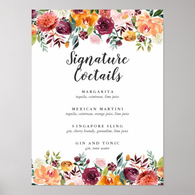 Country Bloom Burgundy Signature Cocktail Menu Poster (Front)
