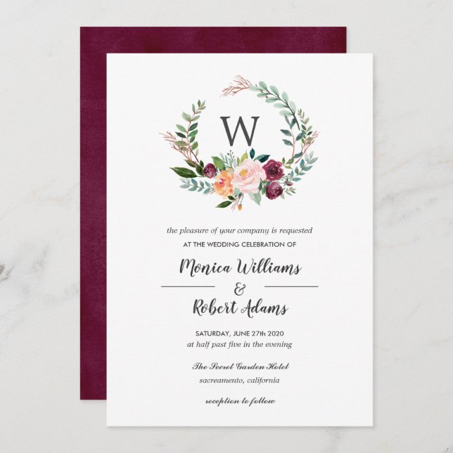 Country Bloom | Chic Monogram Wreath Wedding Invitation (Front/Back)