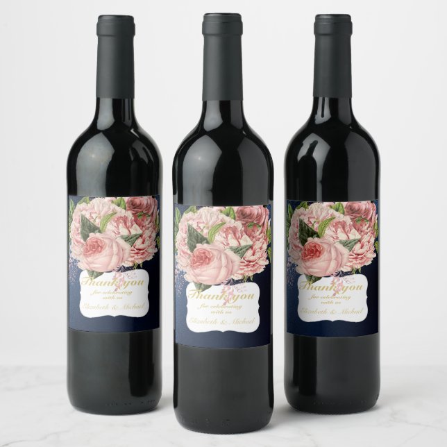 Country Blue Blush Pink Roses Navy Gold THANK YOU Wine Label (Bottles)