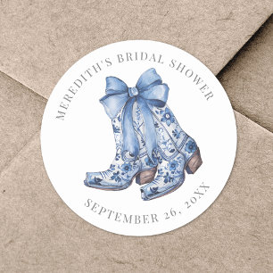 Country Blue Bow Cowboy Bridal Shower Classic Round Sticker