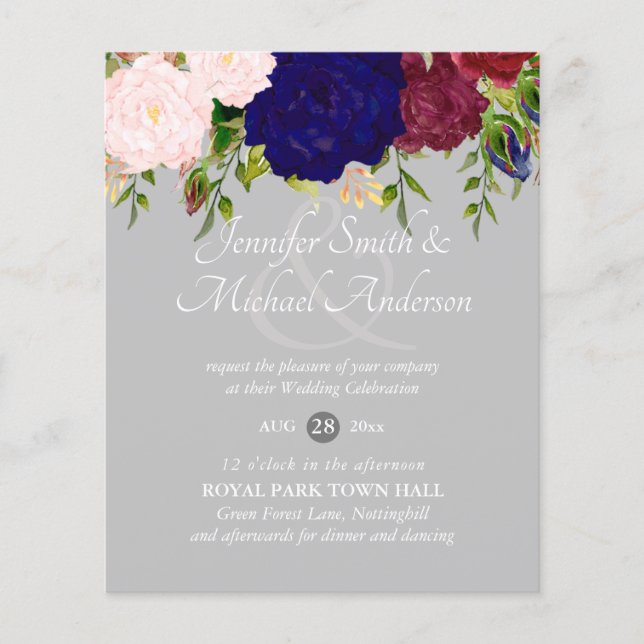 Country Blue Burgundy Pink Floral Wedding Invites (Front)