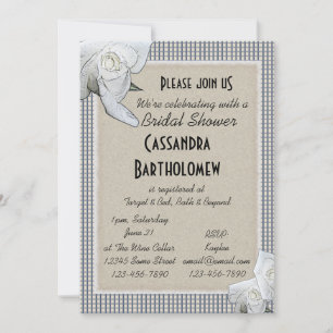 Country Blue Checks White Roses Bridal Shower Invitation
