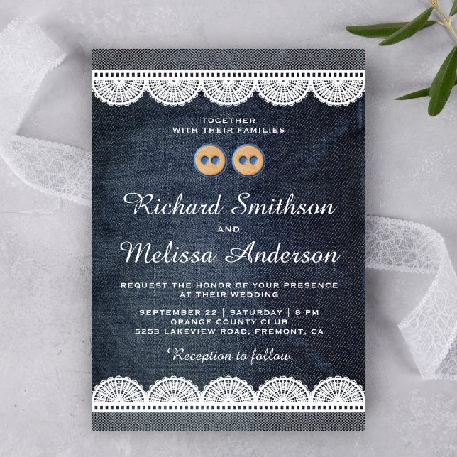 Country Blue Denim White Lace Wedding Invitation (Creator Uploaded)