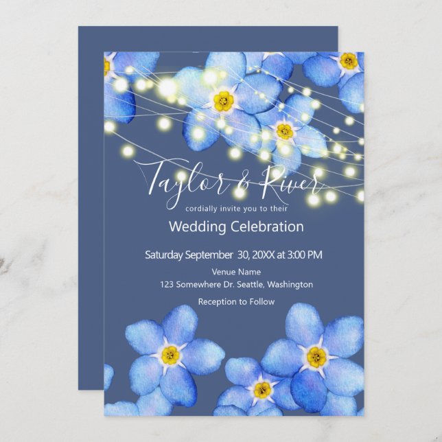 Country Blue Forget-Me-Nots Wedding Invitation (Front/Back)