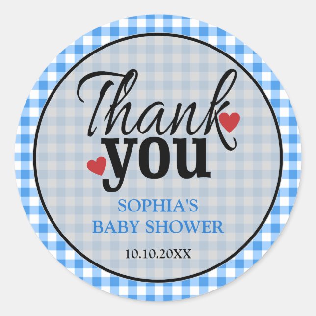 Country Blue Gingham Baby Shower Thank You Classic Round Sticker (Front)