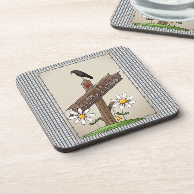Country Blue Gingham Welcome Friends Coaster (Left Side)