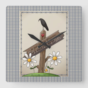 Country Blue Gingham Welcome Friends Square Wall Clock