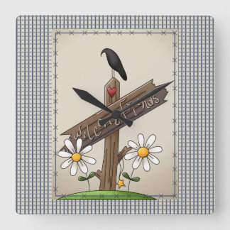 Country Blue Gingham Welcome Friends Square Wall Clock