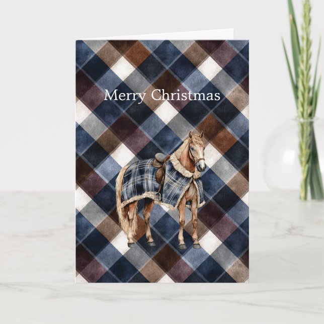 Country Blue Red White Squares Horse Christmas Card (Front)