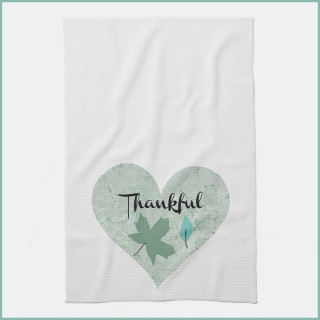 Country Blue Thankful Heart Leaves Kitchen Towel (Creator Uploaded)