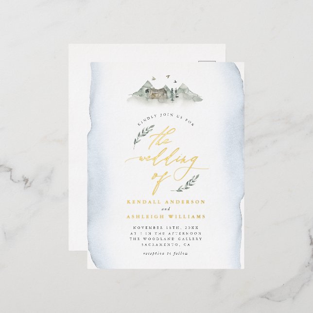 Country Blue Watercolor Leaves & Mountain Wedding Foil Invitation Postcard (Front/Back)