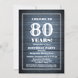 Country Blue Wood 80th Birthday Party Invitation