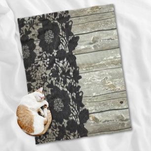 country bohemian Black lace old rustic barn wood Fleece Blanket