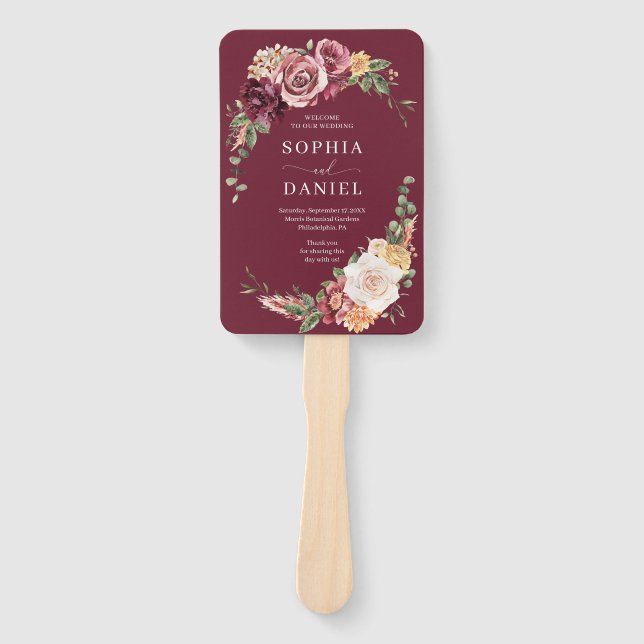 Country Boho Rose Floral Wedding Program Fan (Front)