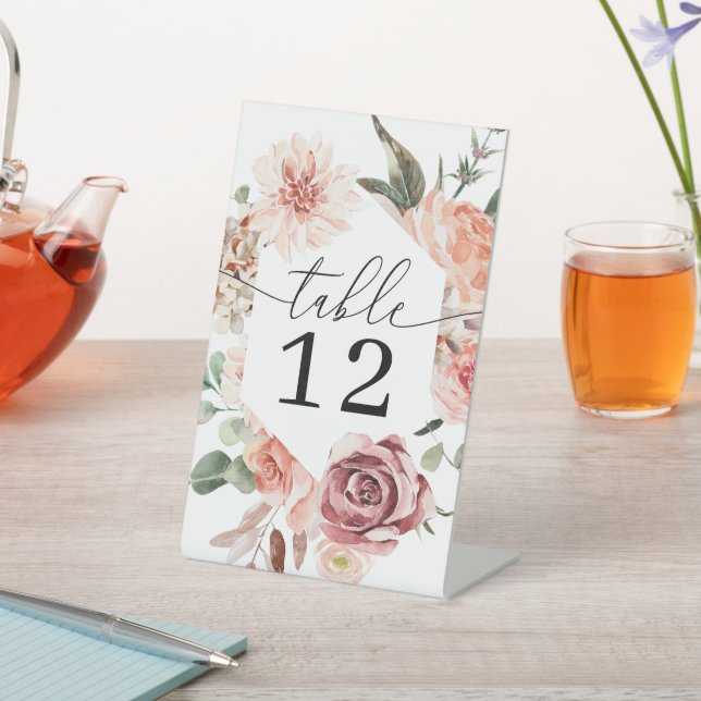 Country Boho Rose Wedding Table Numbers Pedestal Sign (In SItu)