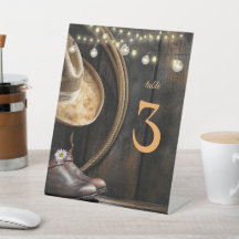 Country Boots, Hat & Barn Wood Table Number Pedes