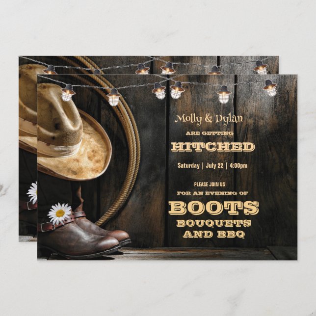 Country Boots Hat & Barn Wood Wedding Invitations (Front/Back)