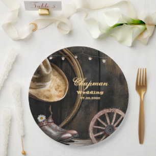 Country Boots Hat, Barn Wood Wedding Paper Plate