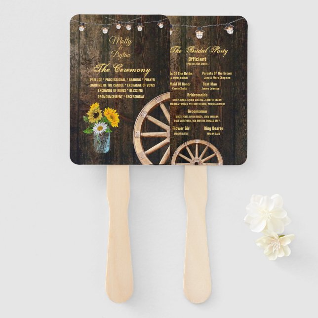 Country Boots Hat, Barn Wood Wedding Program Hand Fan (Front and Back)