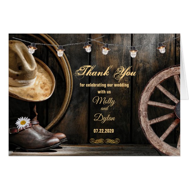 Country Boots Hat & Barnwood Wedding Thank U (Front Horizontal)