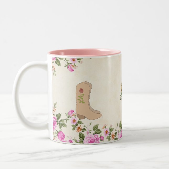 Country Boots & Horseshoe with Flowers on Beige Two-Tone Coffee Mug (Left)