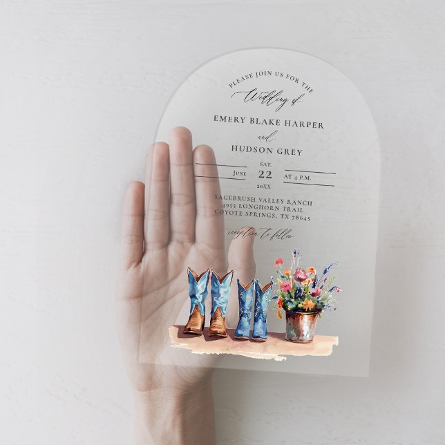 Country Boots Wildflowers Arch Clear Wedding Acrylic Invitations (clear wedding invitation acrylic boho arch country western boots wildflowers calligraphy rustic chic)