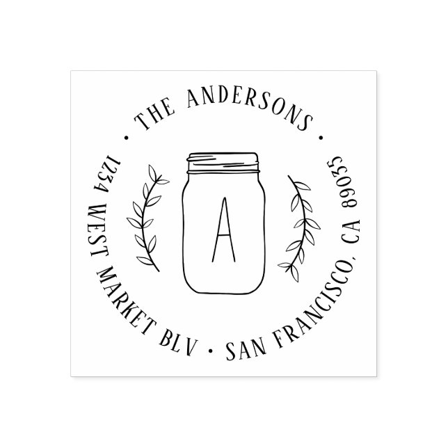 Country Branch & Mason Jar Initial Return Address Rubber Stamp (Imprint)
