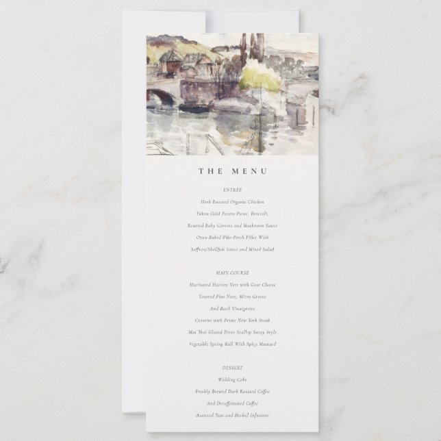 Country Bridge Riverside Watercolor Wedding Menu Invitation (Front)