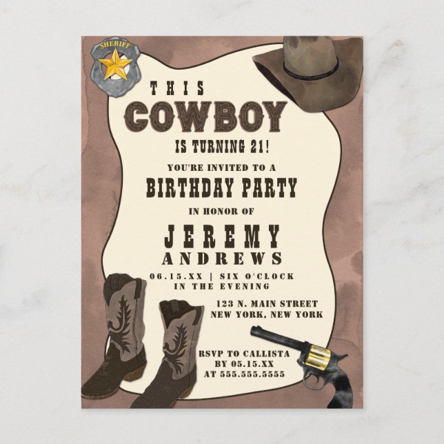 Country Brown Cowboy Watercolor Birthday Invitation Postcard (Front)